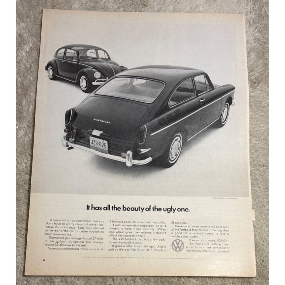 Volkswagen Fastback Print Ad Vintage 1960s  All the Beauty of the Ugly One